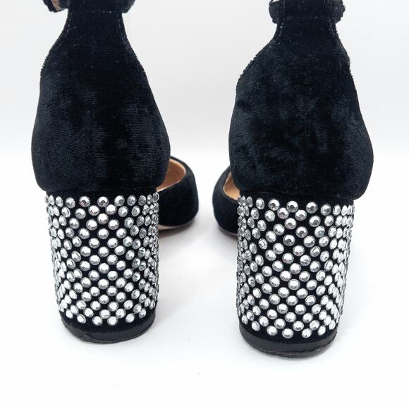 J.Crew Velvet Rhinestone Block Heel Ankle Strap Heels Black Size 5 Evening Chic - Picture 3 of 10